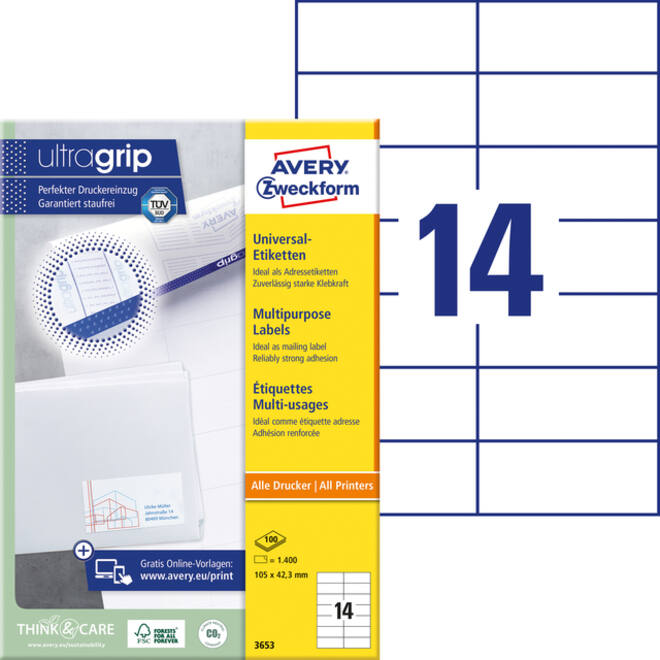 Etiket Avery Zweckform 3653 105x42.3Mm wit 1400stuks
