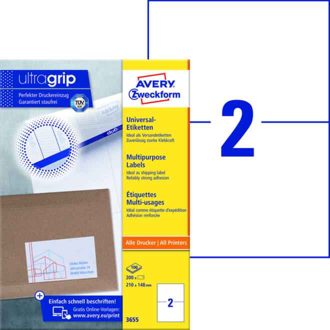 Etiket Avery Zweckform 3655 210x148mm A5 wit 200stuks