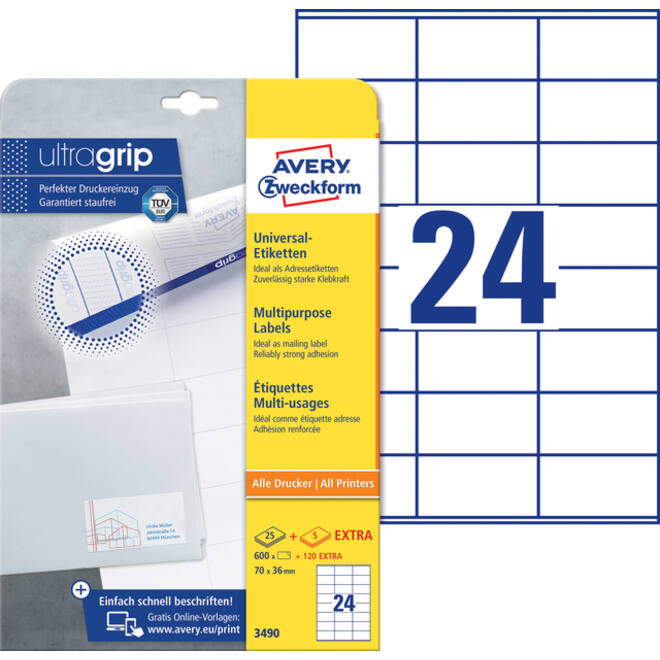 Etiket Avery Zweckform 3490 70x36mm wit 600stuks