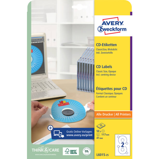 Etiket Avery Zweckform L6015-25 CD wit 50 etiketten