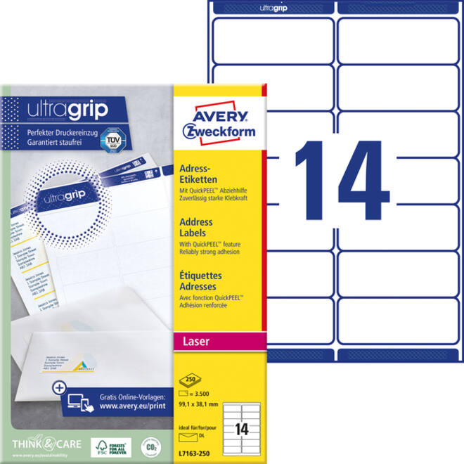 Etiket Avery L7163-250 99.1x38.1mm wit 3500stuks