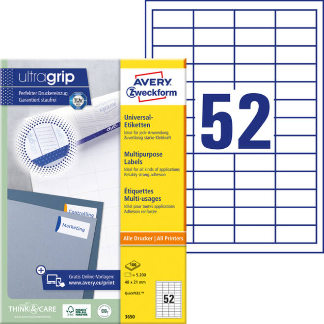 Etiket Avery Zweckform 3650 48x21mm wit 5200stuks