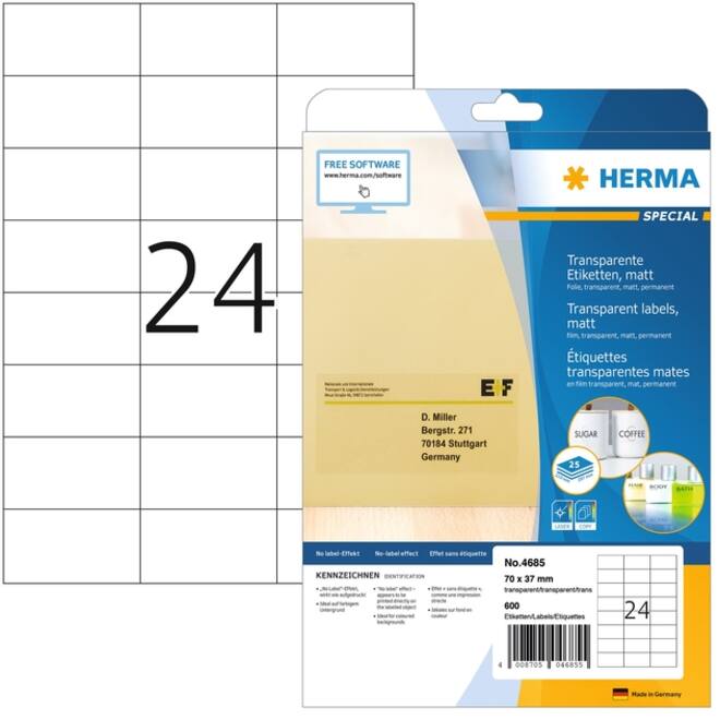 Etiket HERMA 4685 70x37mm transparant 600stuks