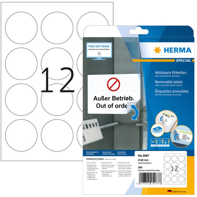 Etiket HERMA 5067 rond 60mm verwijderbaar wit 300stuks