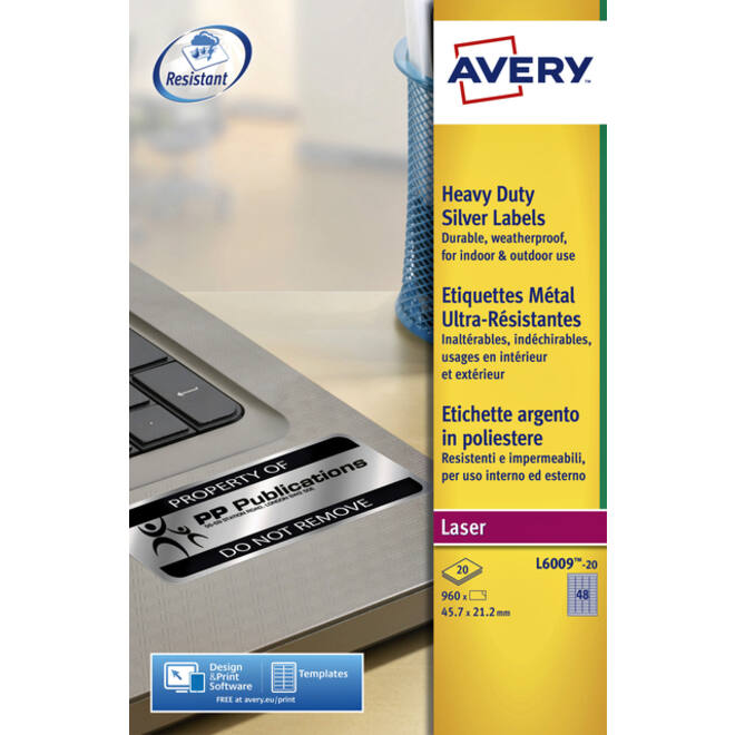 Etiket Avery L6009-20 45.7x21.2mm zilver 960stuks