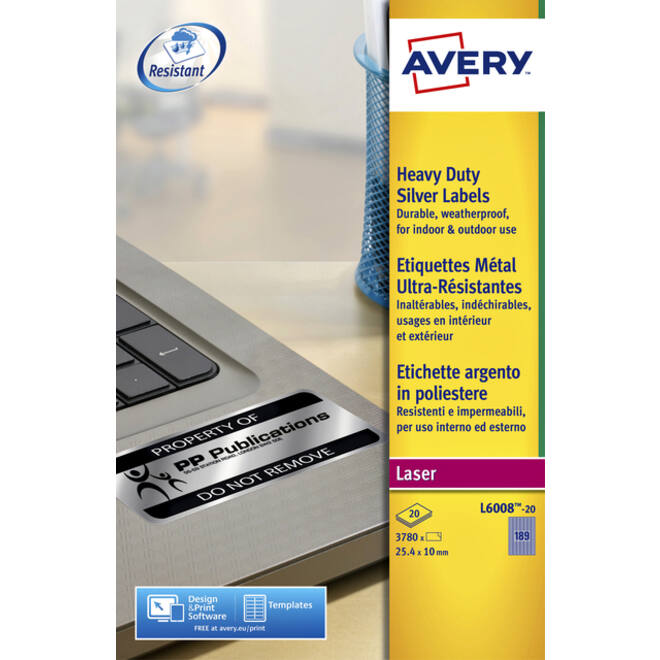Etiket Avery L6008-20 25.4x10mm zilver 3780stuks