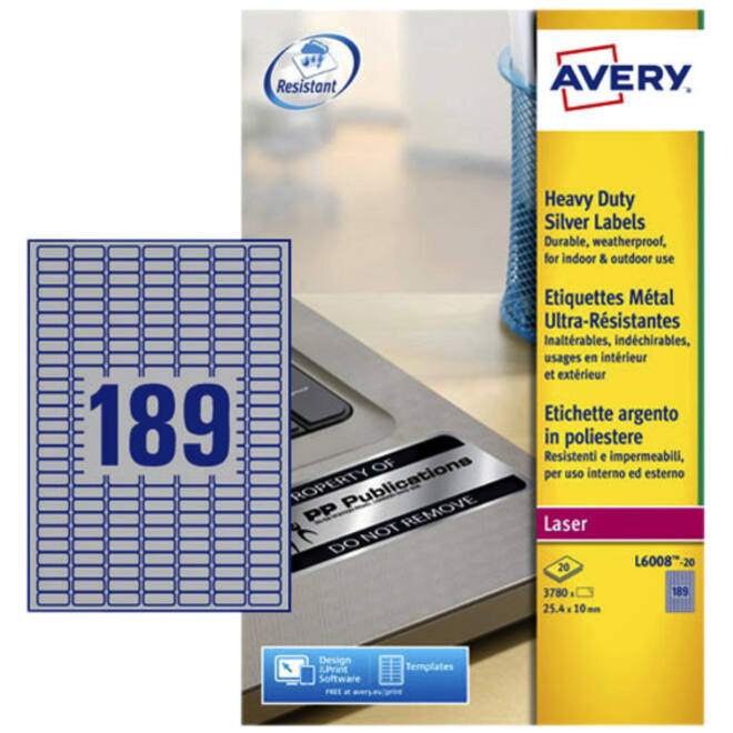 Etiket Avery L6008-20 25.4x10mm zilver 3780stuks