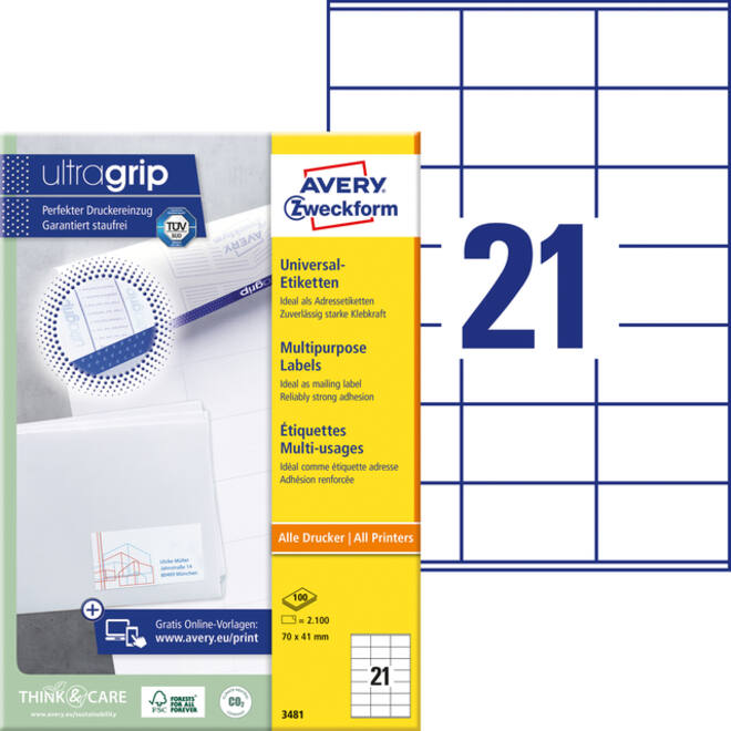Etiket Avery Zweckform 3481 70x41mm wit 2100stuks