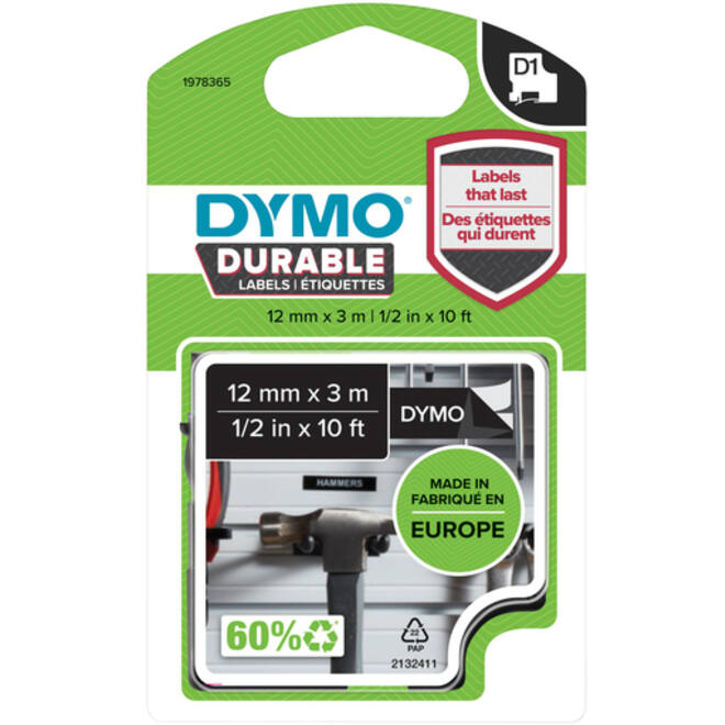 Labeltape Dymo LabelManager D1 polyester 12mm wit op zwart