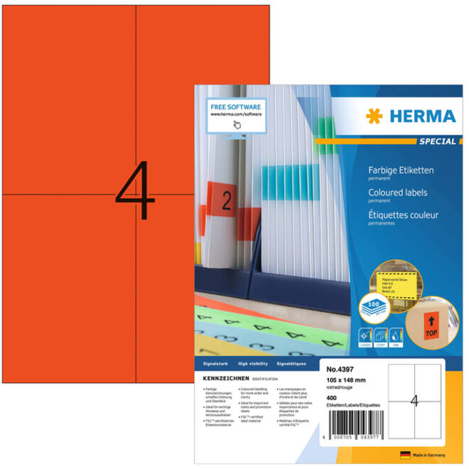 Etiket HERMA 4397 105x148mm A6 rood 400stuks