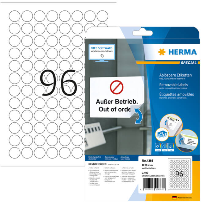 Etiket HERMA 4386 rond 20mm verwijderbaar wit 2400st