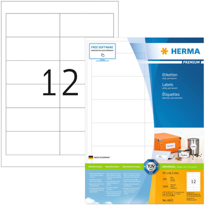 Etiket HERMA 4623 96.5x42.3Mm premium wit 2400stuks