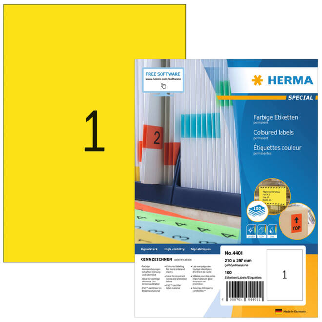 Etiket HERMA 4401 210x297mm A4 geel 100stuks