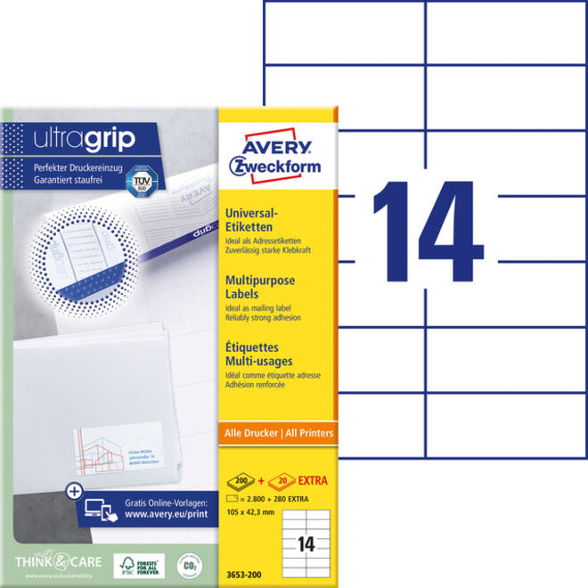 Etiket Avery Zweckform 3653-200 105x42.3mm wit 2800stuks