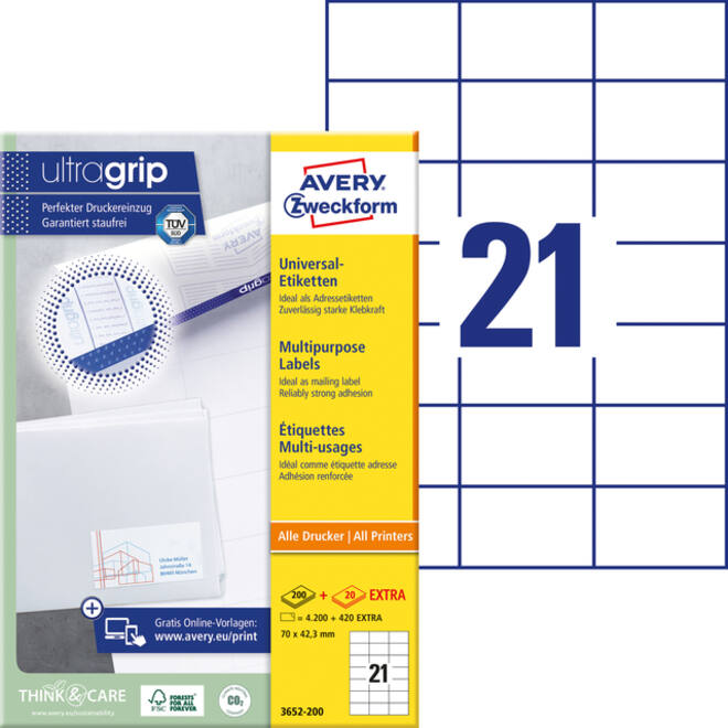 Etiket Avery Zweckform 3652-200 70x42.3mm wit 4200stuks