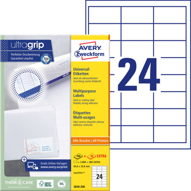 Etiket Avery Zweckform 3658 64.6x33.8mm wit 4800stuks