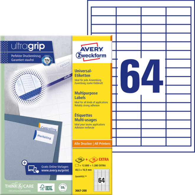 Etiket Avery Zweckform 3667-200 48.5x16.9mm wit 12800stuks