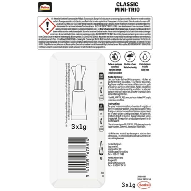 Secondelijm Pattex Classic mini trio tube 3x1gram op blister