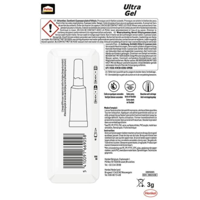 Secondelijm Pattex ultra gel tube 3gram op blister
