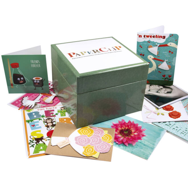Wenskaartenbox Paperclip diverse thema's 75 kaarten
