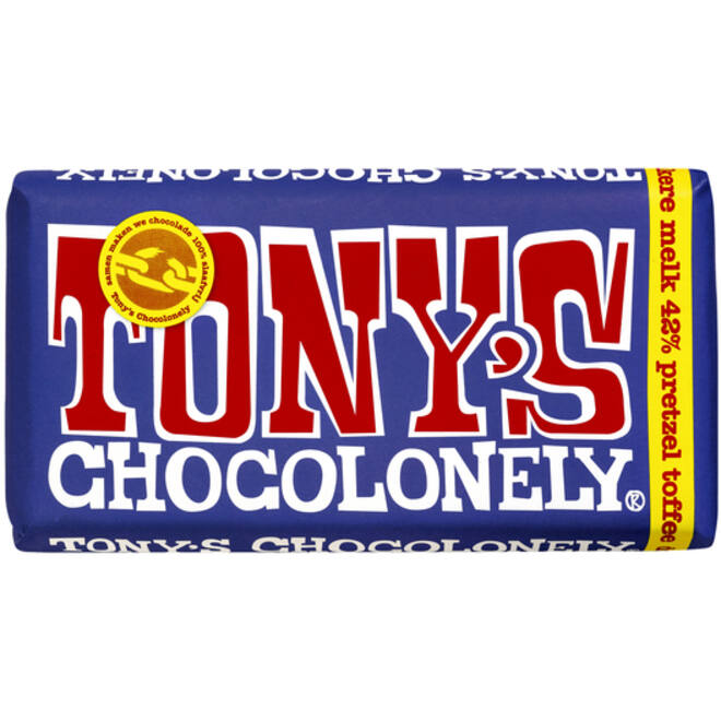 Chocolade Tony's Chocolonely donker melk pretzel toffee reep 180gr