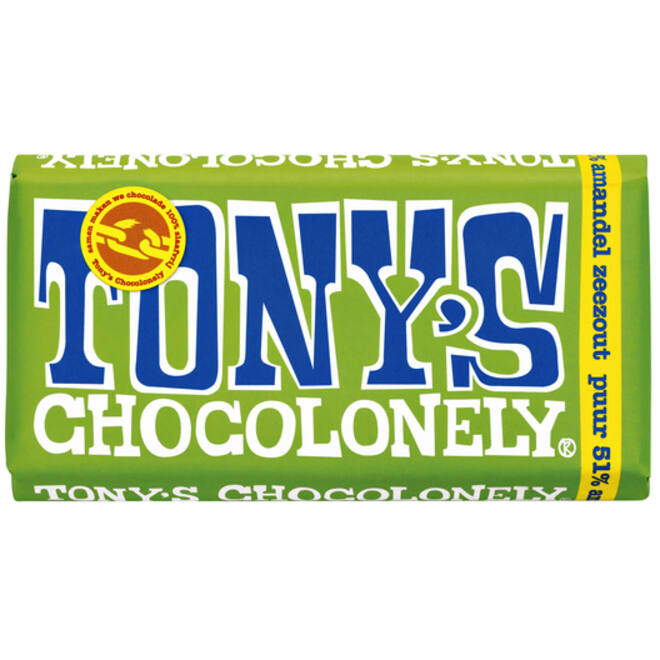 Chocolade Tony's Chocolonely puur amandel zeezout reep 180gr