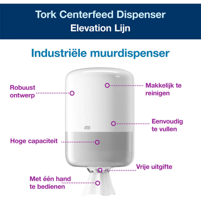 Poetspapierdispenser Tork M2 Elevation wit 559000
