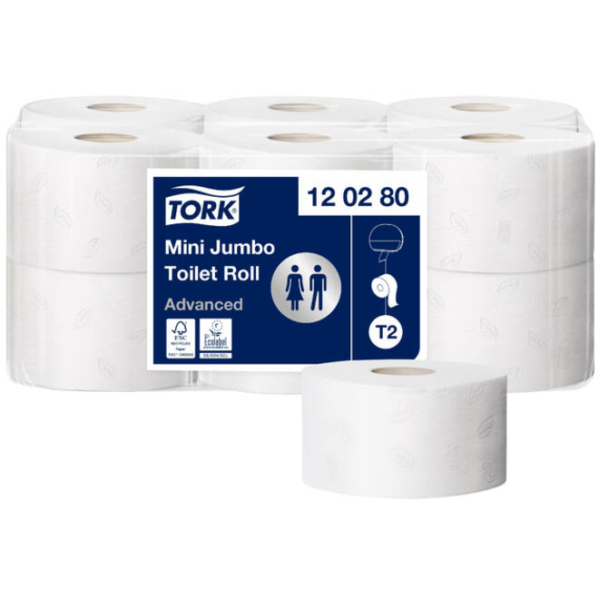 Toiletpapier Tork Mini Jumbo T2 advanced 2-laags 12 rollen wit 120280