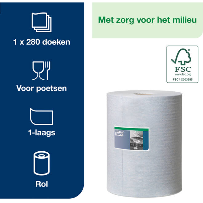 Reinigingsdoek Tork Heavy-Duty W1/2/3 multifunctioneel 280 vel blauw 530237