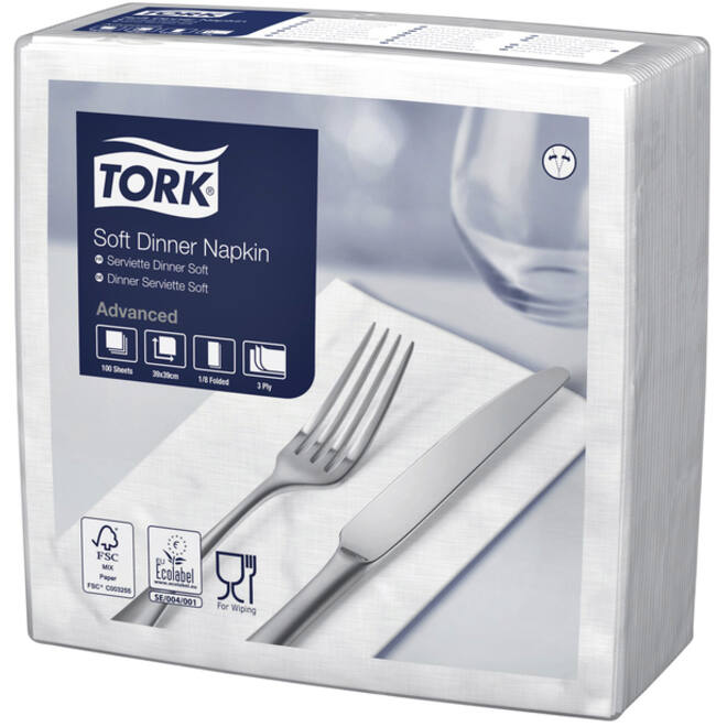 Dinerservet Tork Advanced 1/8 vouw 3-laags 395x390mm 100 vel wit 477579