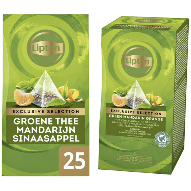 Thee Lipton Exclusive groene thee mandarijn sinaasappel 25 pramidezakjesx2gr