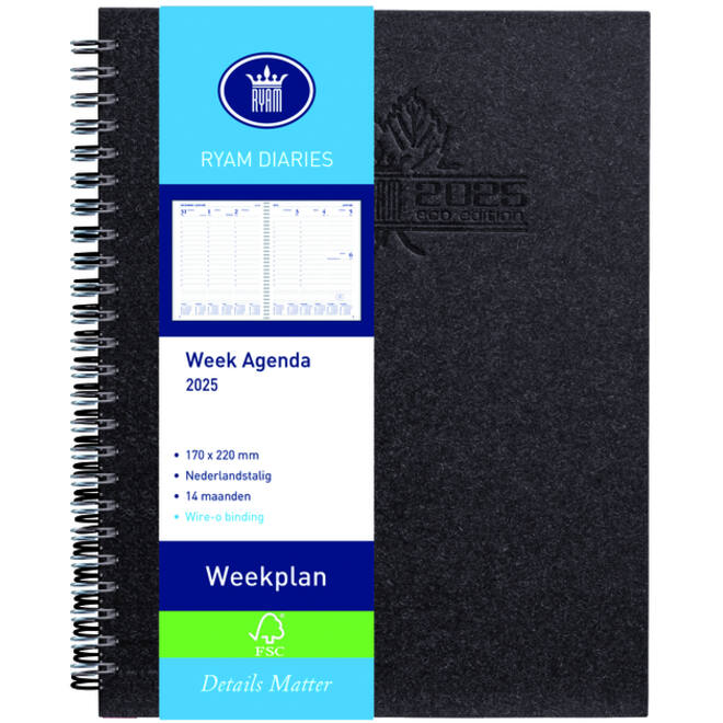 Agenda 2027 Ryam Weekplan Wire-o 7dagen/2pagina's zwart