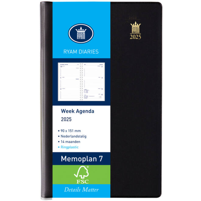 Agenda 2027 Ryam Memoplan 7 Suprema ringplastic 7dagen/2pagina's zwart