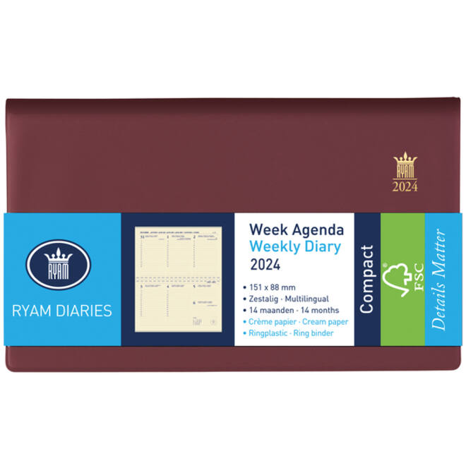 Agenda 2027 Ryam Compact Suprema 7dagen/2pagina's ringplastic bordeaux