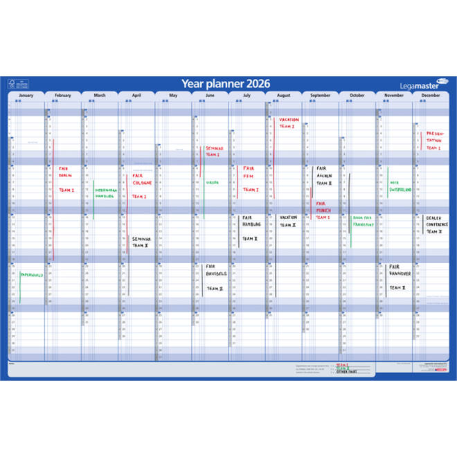 Jaarplanner 2027 Legamaster 1 persoon 90x60cm horizontaal gelamineerd Engelstalig