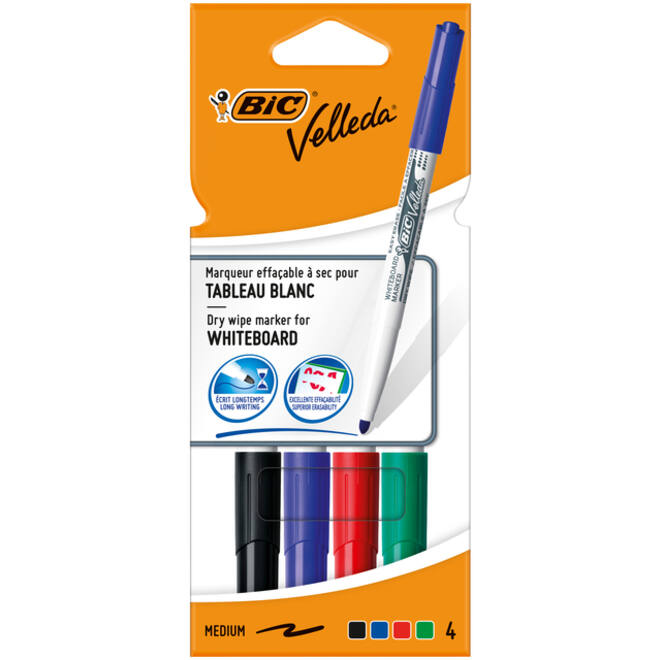 Viltstift Bic Velleda 1744 whiteboard rond medium assorti kartonnen etui à 4 stuks