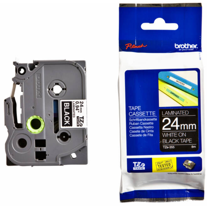 Labeltape Brother P-touch TZE-355 24mm wit op zwart