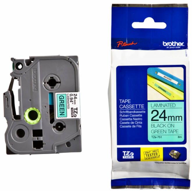 Labeltape Brother P-touch TZE-751 24mm zwart op groen