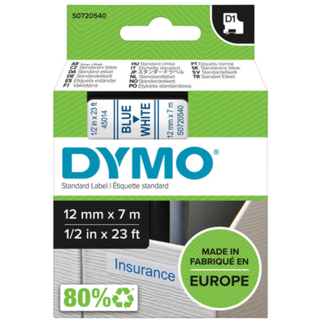 Labeltape Dymo LabelManager D1 polyester 12mm blauw op wit