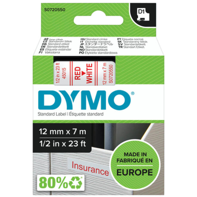 Labeltape Dymo LabelManager D1 polyester 12mm rood op wit