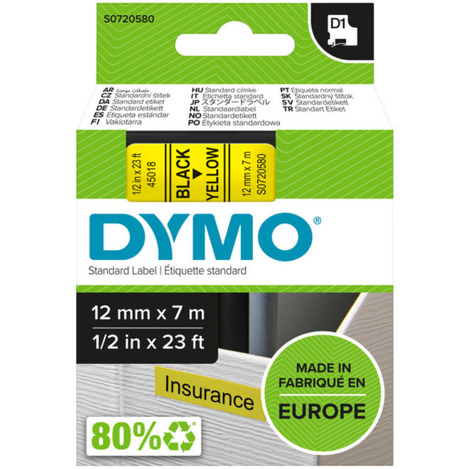 Labeltape Dymo LabelManager D1 polyester 12mm zwart op geel