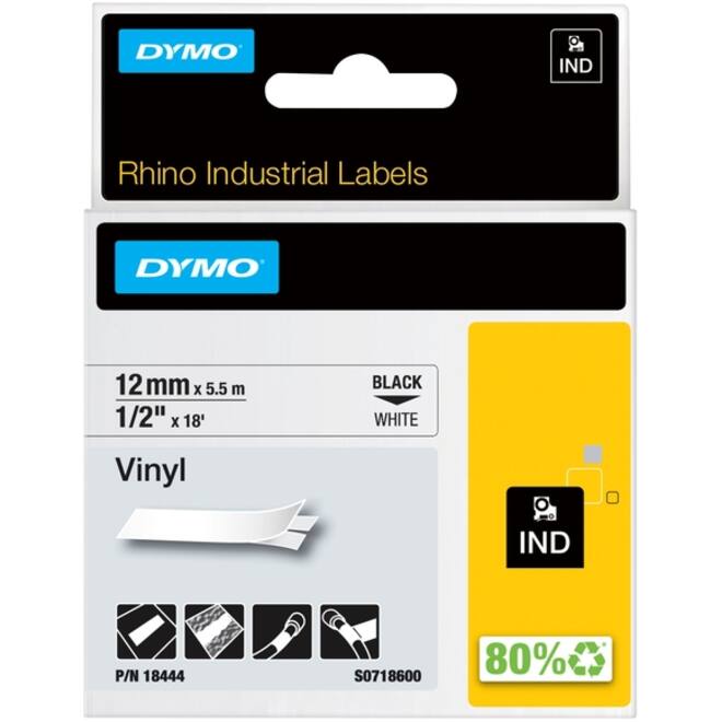 Labeltape Dymo Rhino industrieel vinyl 12mm zwart op wit