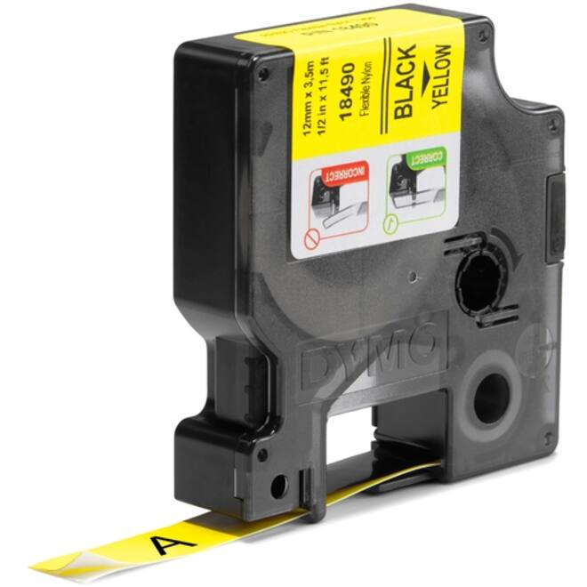 Labeltape Dymo Rhino industrieel nylon 12mm zwart op geel