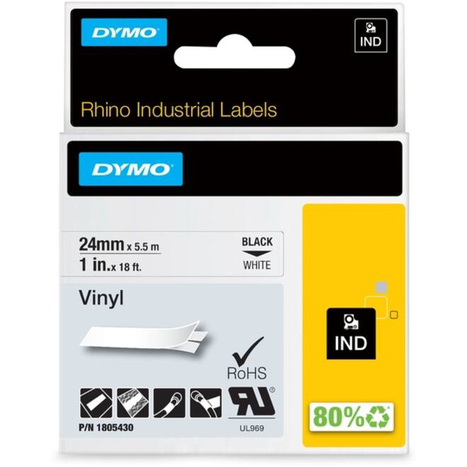 Labeltape Dymo Rhino industrieel vinyl 24mm zwart op wit
