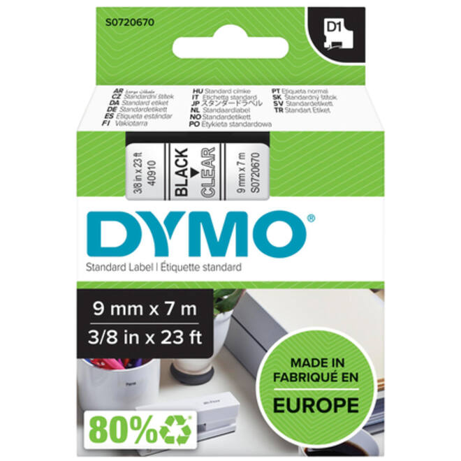 Labeltape Dymo LabelManager D1 polyester 9mm zwart op transparant