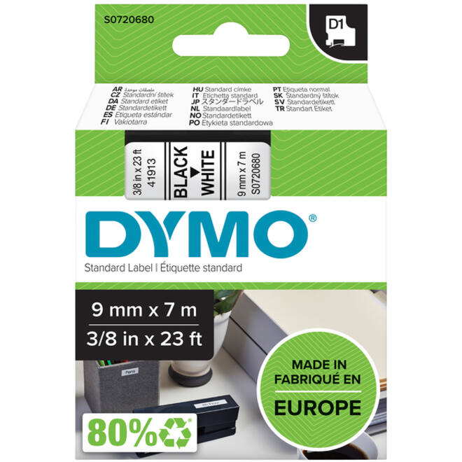 Labeltape Dymo LabelManager D1 polyester 9mm zwart op wit