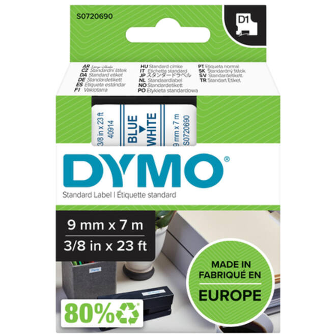 Labeltape Dymo LabelManager D1 polyester 9mm blauw op wit