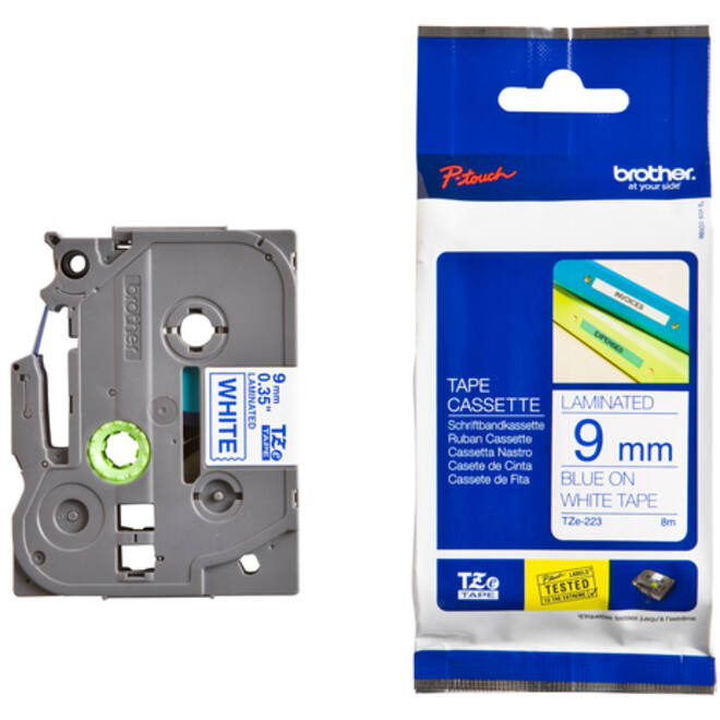 Labeltape Brother P-touch TZE-223 9mm blauw op wit