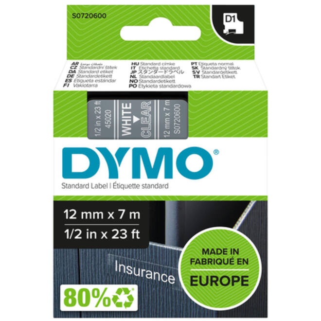 Labeltape Dymo LabelManager D1 polyester 12mm wit op transparant