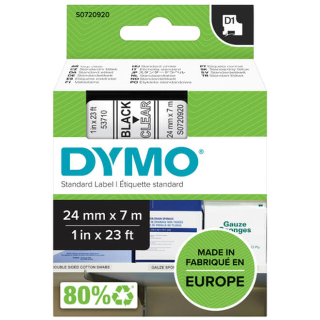 Labeltape Dymo LabelManager D1 polyester 24mm zwart op transparant